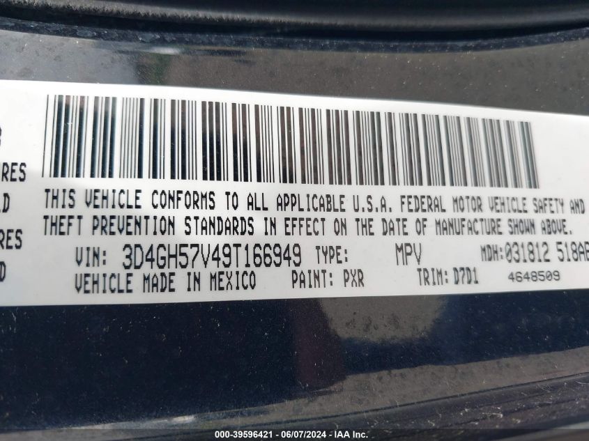 2009 Dodge Journey Sxt VIN: 3D4GH57V49T166949 Lot: 39596421