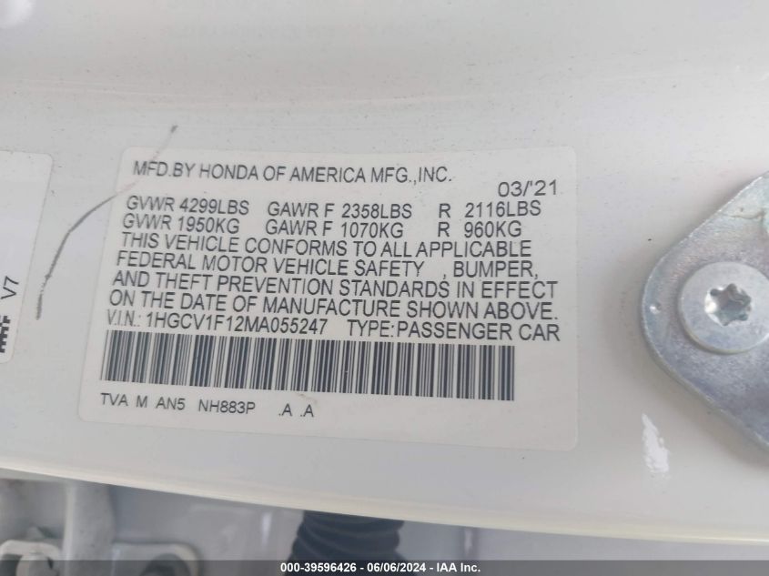 2021 Honda Accord Lx VIN: 1HGCV1F12MA055247 Lot: 39596426