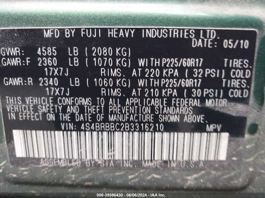 2011 Subaru Outback 2.5I Premium VIN: 4S4BRBBC2B3316210 Lot: 39596430