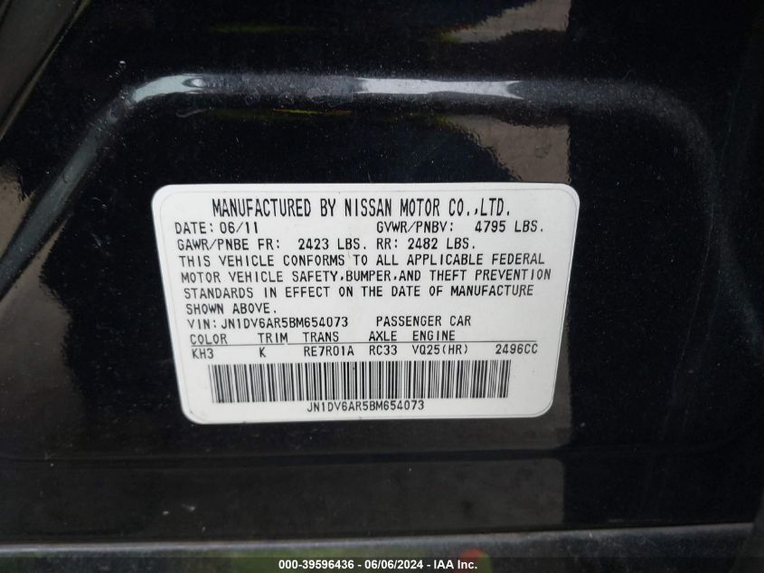 2011 Infiniti G25 VIN: JN1DV6AR5BM654073 Lot: 39596436