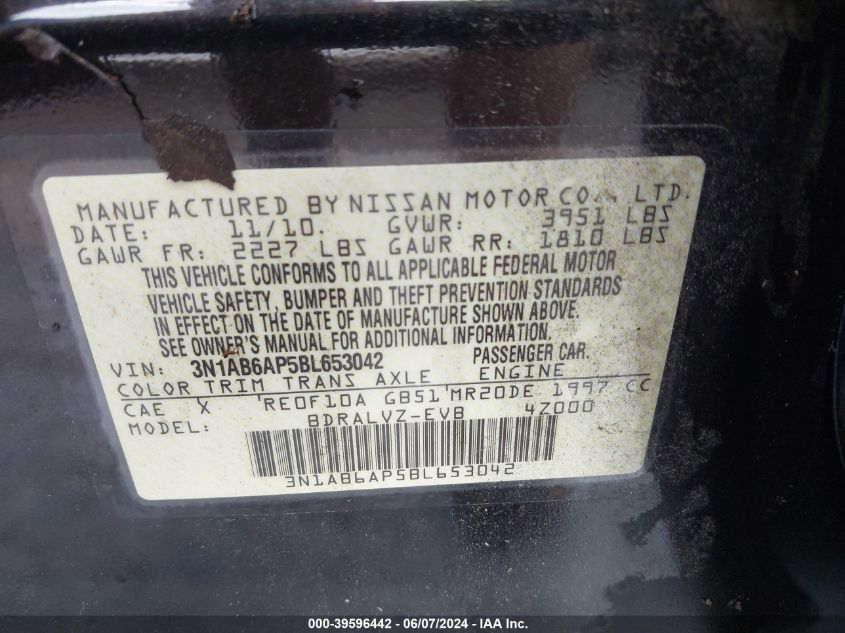 2011 Nissan Sentra 2.0Sl VIN: 3N1AB6AP5BL653042 Lot: 39596442