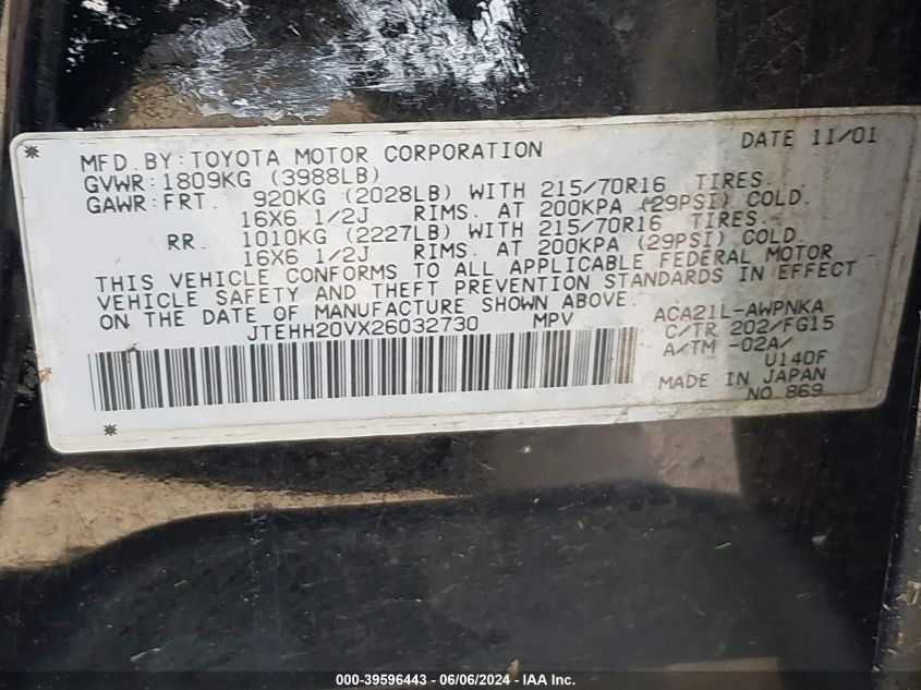 2002 Toyota Rav4 VIN: JTEHH20VX26032730 Lot: 39596443