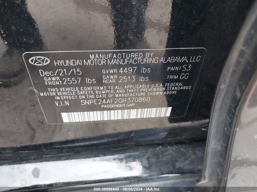 2016 Hyundai Sonata Se VIN: 5NPE24AF2GH370860 Lot: 39596445