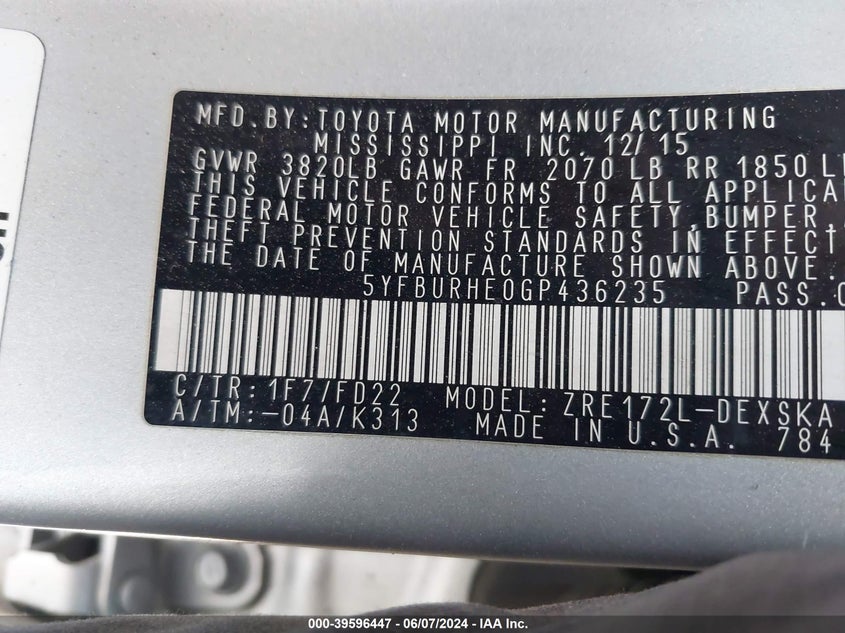 2016 Toyota Corolla S Plus VIN: 5YFBURHE0GP436235 Lot: 39596447