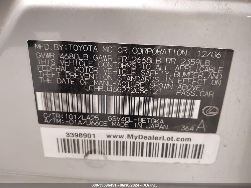 2007 Lexus Es 350 VIN: JTHBJ46G172041042 Lot: 39596451