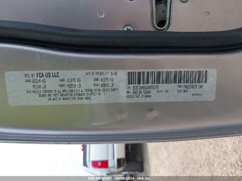 2016 Dodge Charger Sxt VIN: 2C3CDXHG6GH355275 Lot: 39596457