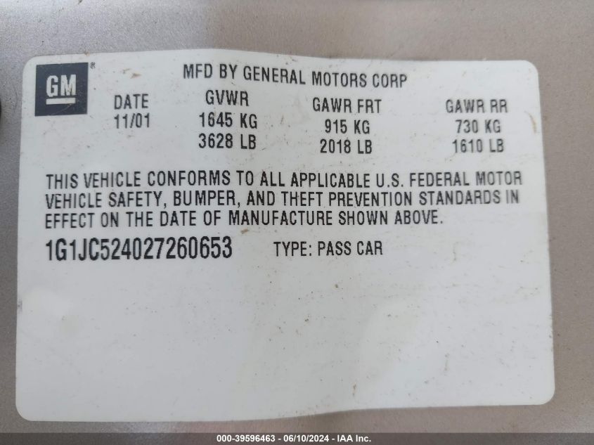 2002 Chevrolet Cavalier VIN: 1G1JC524027260653 Lot: 39596463