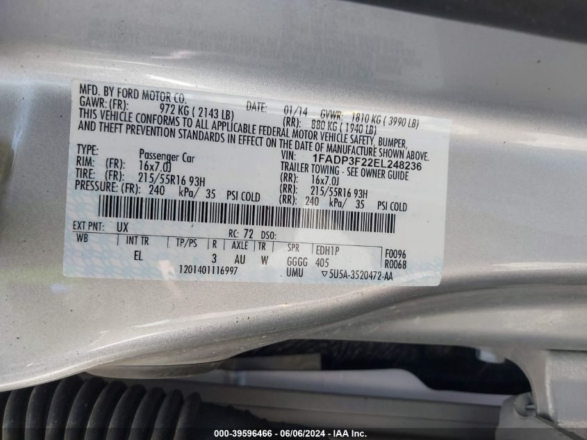 2014 Ford Focus Se VIN: 1FADP3F22EL248236 Lot: 39596466