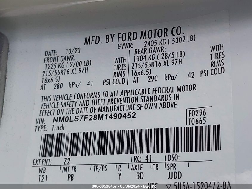 2021 Ford Transit Connect Xlt VIN: NM0LS7F28M1490452 Lot: 39596467