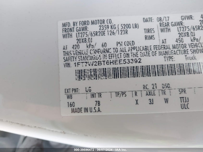 2017 Ford F-250 Platinum VIN: 1FT7W2BT6HEE53392 Lot: 39596472