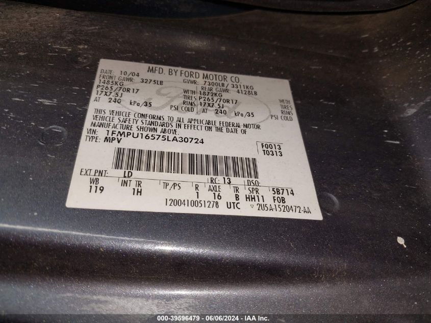 2005 Ford Expedition Nbx/Xlt VIN: 1FMPU16575LA30724 Lot: 39596479