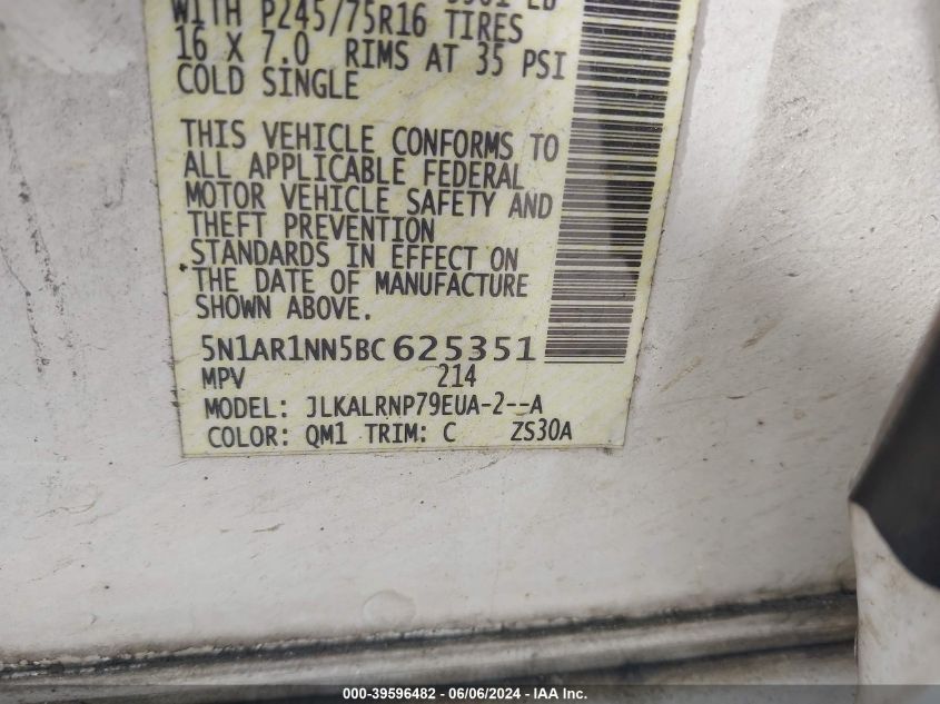 2011 Nissan Pathfinder S VIN: 5N1AR1NN5BC625351 Lot: 39596482