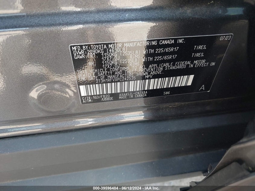 2023 TOYOTA RAV4 2.5L I-4 DI, DOHC, V(VIN: 2T3H1RFVXPC242535