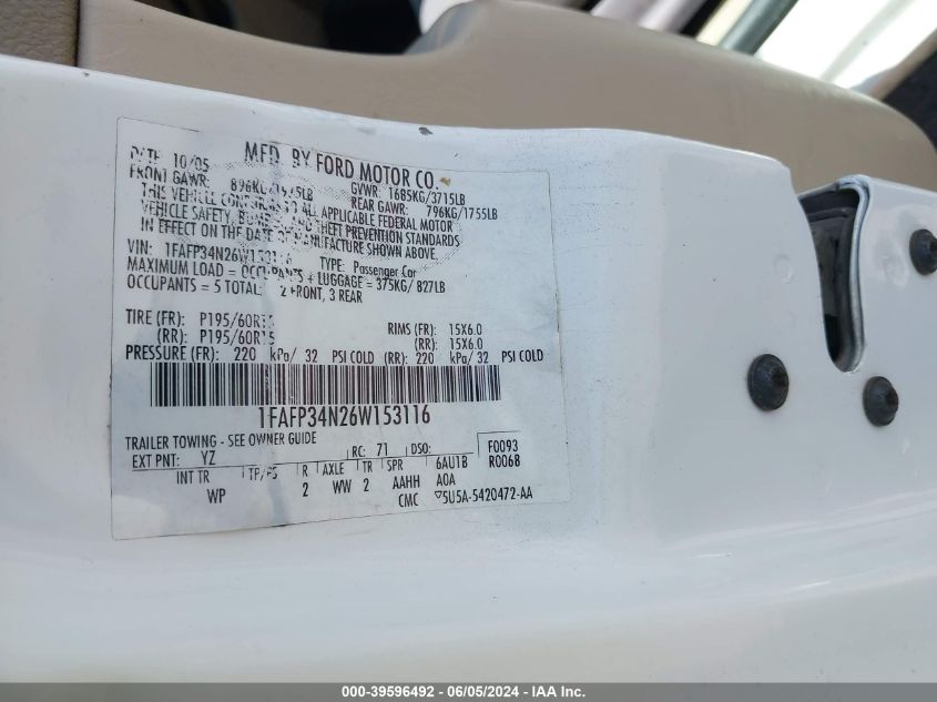 2006 Ford Focus Zx4 VIN: 1FAFP34N26W153116 Lot: 39596492