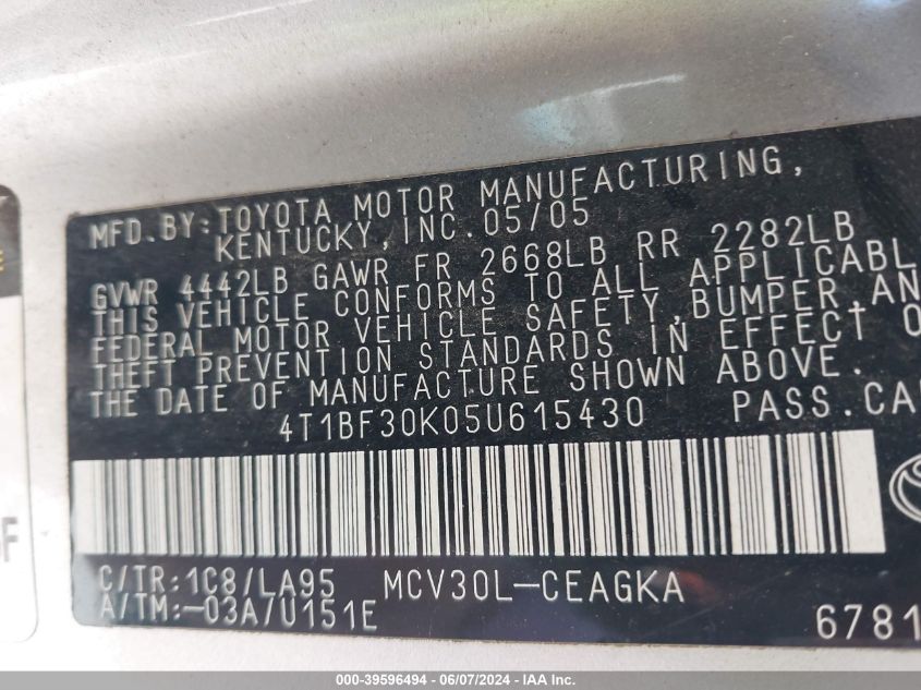 2005 Toyota Camry Xle V6 VIN: 4T1BF30K05U615430 Lot: 39596494