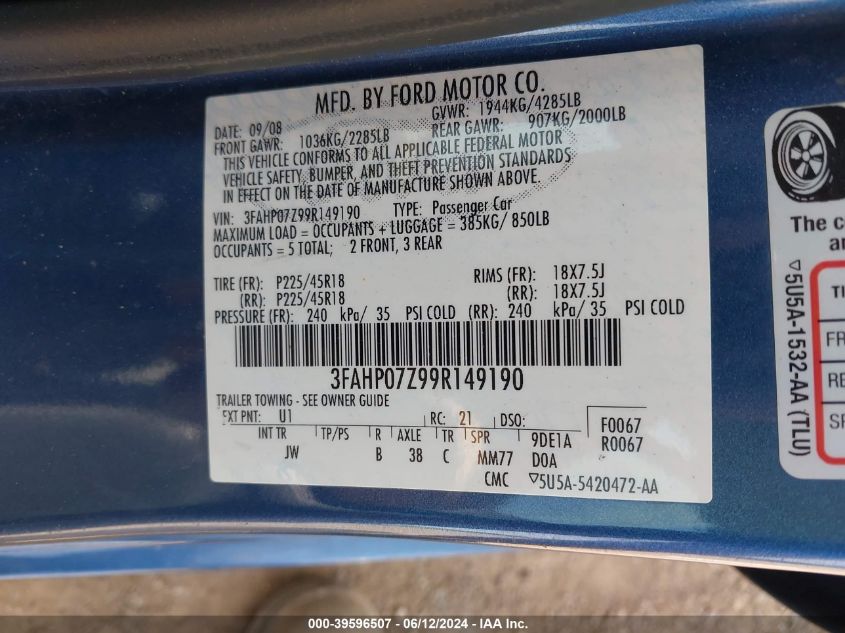 2009 Ford Fusion Se VIN: 3FAHP07Z99R149190 Lot: 39596507