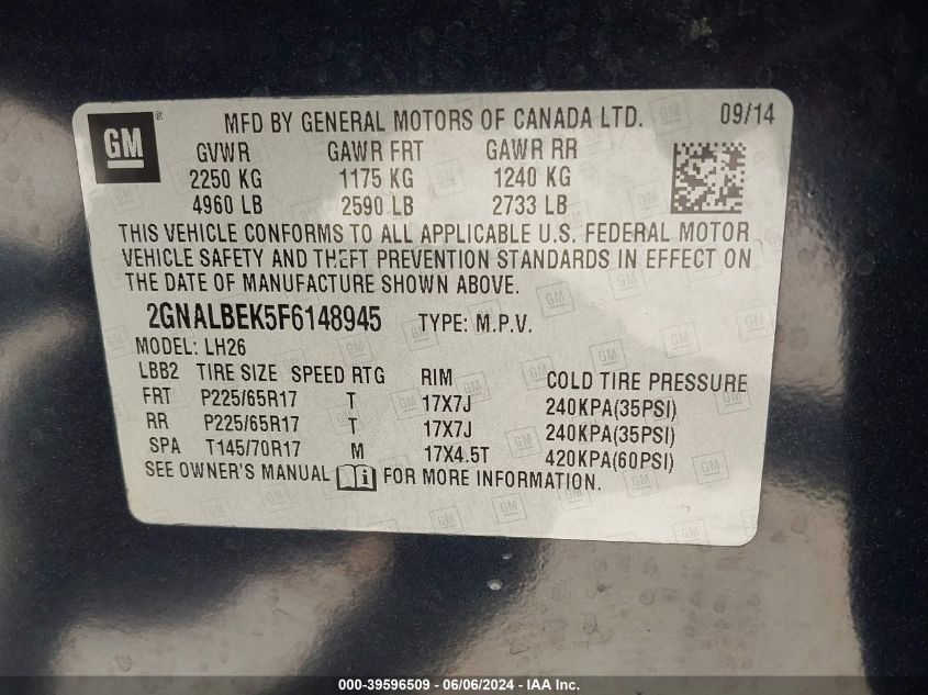 2015 Chevrolet Equinox 1Lt VIN: 2GNALBEK5F6148945 Lot: 39596509