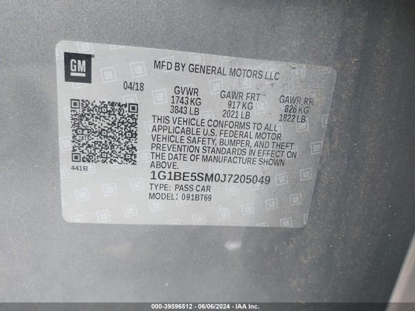 2018 Chevrolet Cruze Lt Auto VIN: 1G1BE5SM0J7205049 Lot: 39596512
