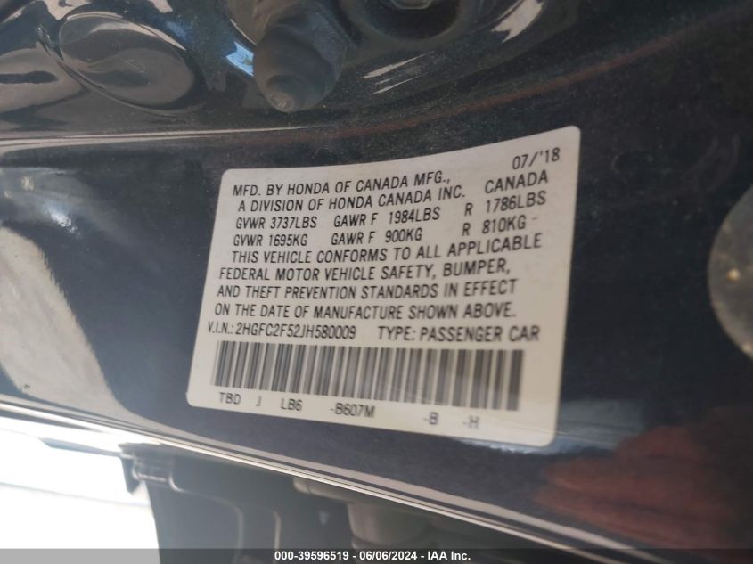 2018 Honda Civic Lx VIN: 2HGFC2F52JH580009 Lot: 39596519