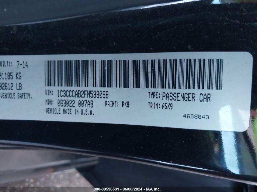 2015 Chrysler 200 Limited VIN: 1C3CCCAB2FN533098 Lot: 39596531