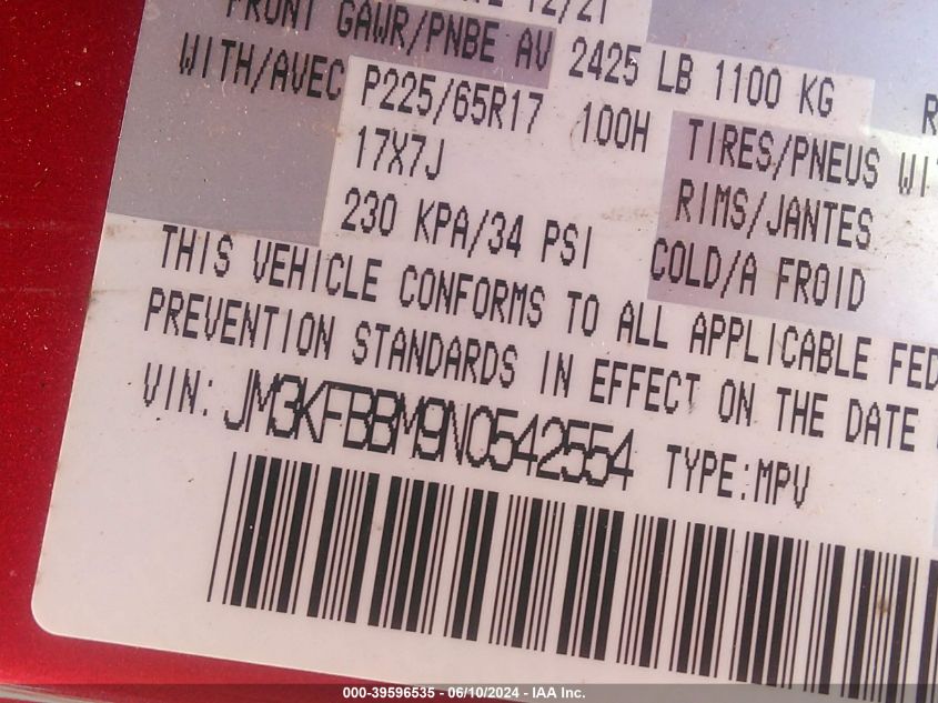 2022 Mazda Cx-5 2.5 S Select VIN: JM3KFBBM9N0542554 Lot: 39596535