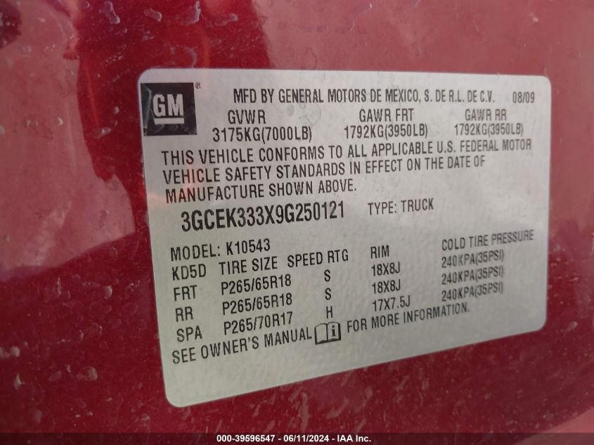 2009 Chevrolet Silverado 1500 Ltz VIN: 3GCEK333X9G250121 Lot: 39596547