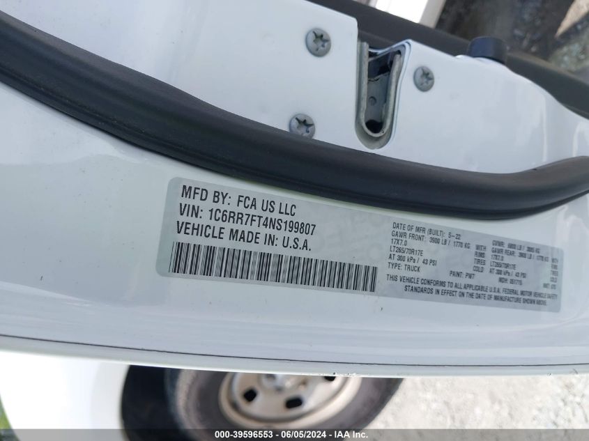 2022 Ram 1500 Classic Tradesman Quad Cab 4X4 6'4 Box VIN: 1C6RR7FT4NS199807 Lot: 39596553
