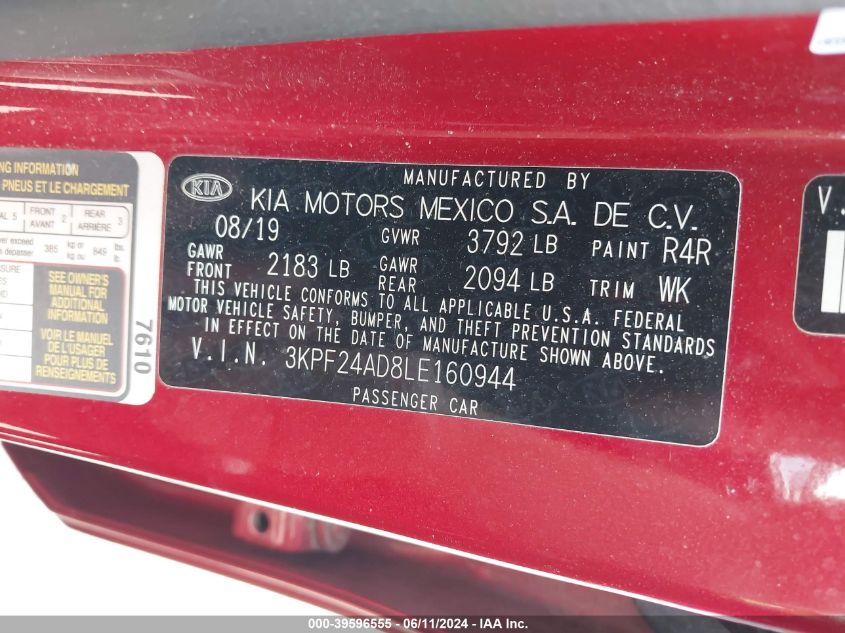 2020 Kia Forte Lxs VIN: 3KPF24AD8LE160944 Lot: 39596555