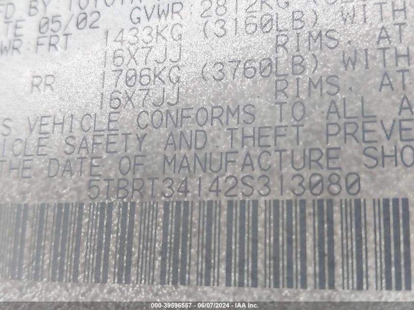 2002 Toyota Tundra Sr5 V8 VIN: 5TBRT34142S313080 Lot: 39596557