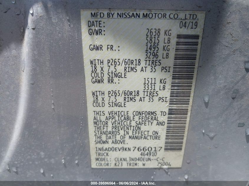 1N6AD0EV9KV766017 2019 Nissan Frontier