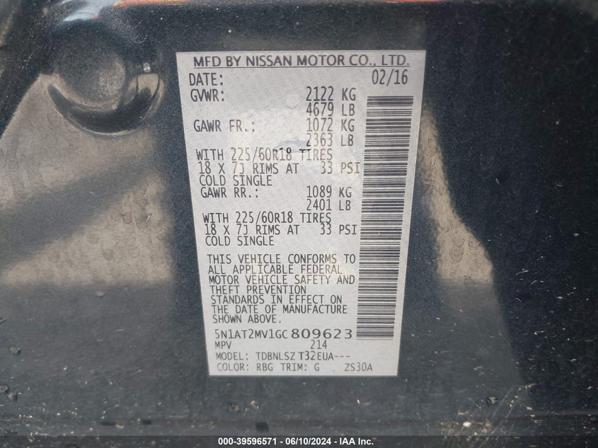 2016 Nissan Rogue Sl VIN: 5N1AT2MV1GC809623 Lot: 39596571