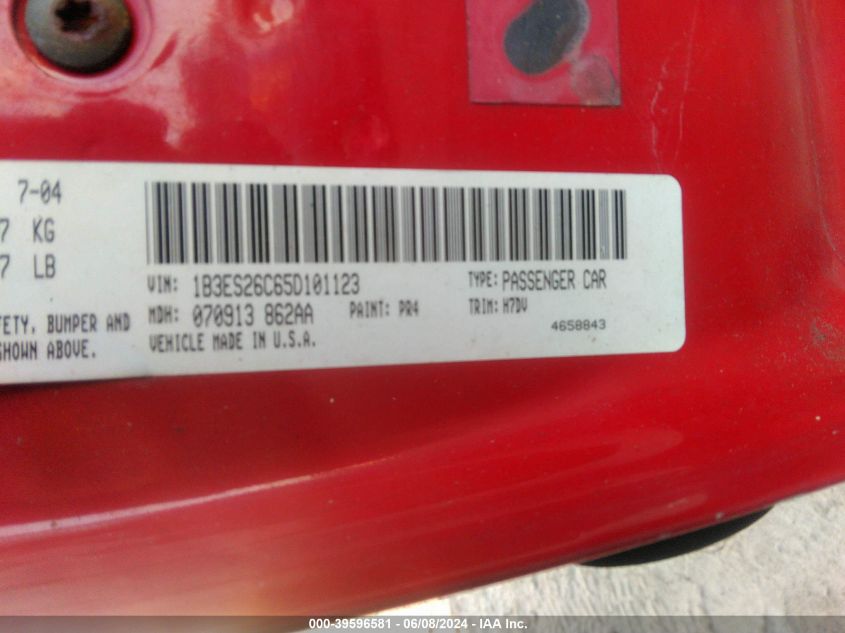 2005 Dodge Neon Se VIN: 1B3ES26C65D101123 Lot: 39596581