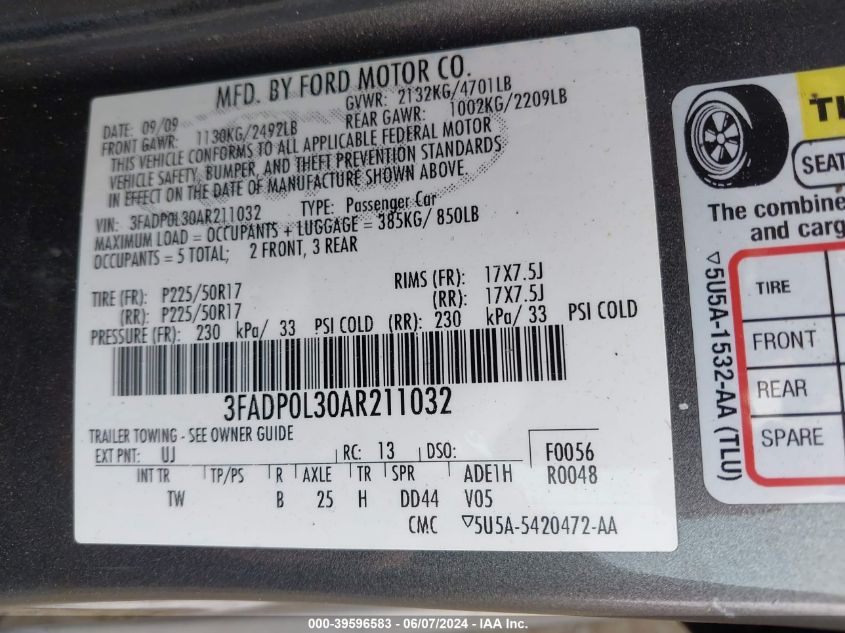 2010 Ford Fusion Hybrid VIN: 3FADP0L30AR211032 Lot: 39596583