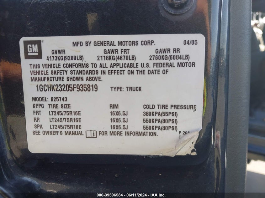 2005 Chevrolet Silverado 2500Hd Lt VIN: 1GCHK23205F935819 Lot: 39596584