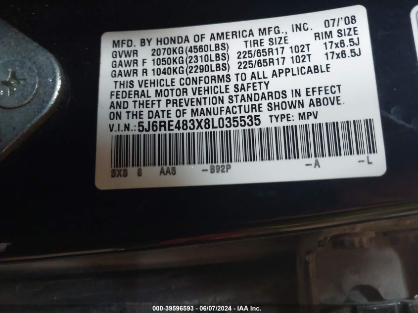 2008 Honda Cr-V Lx VIN: 5J6RE483X8L035535 Lot: 39596593