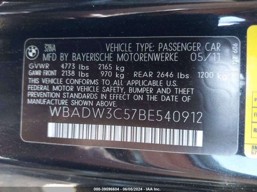 2011 BMW 328I VIN: WBADW3C57BE540912 Lot: 39596604