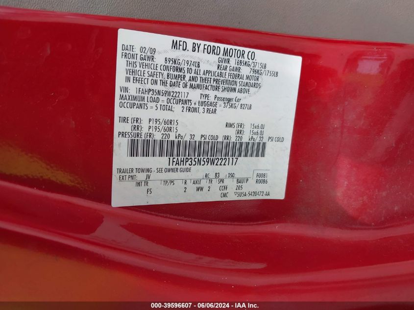 2009 Ford Focus Se VIN: 1FAHP35N59W222117 Lot: 39596607