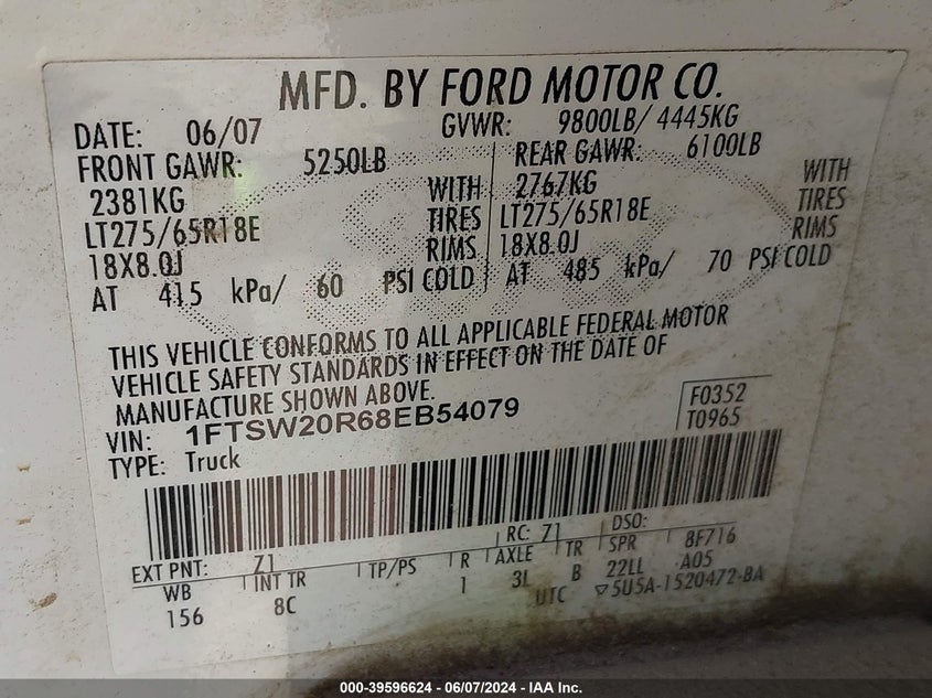 2008 Ford F-250 King Ranch/Lariat/Xl/Xlt VIN: 1FTSW20R68EB54079 Lot: 39596624