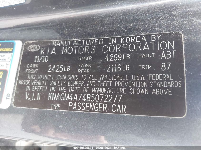 2011 Kia Optima Lx VIN: KNAGM4A74B5072277 Lot: 39596631