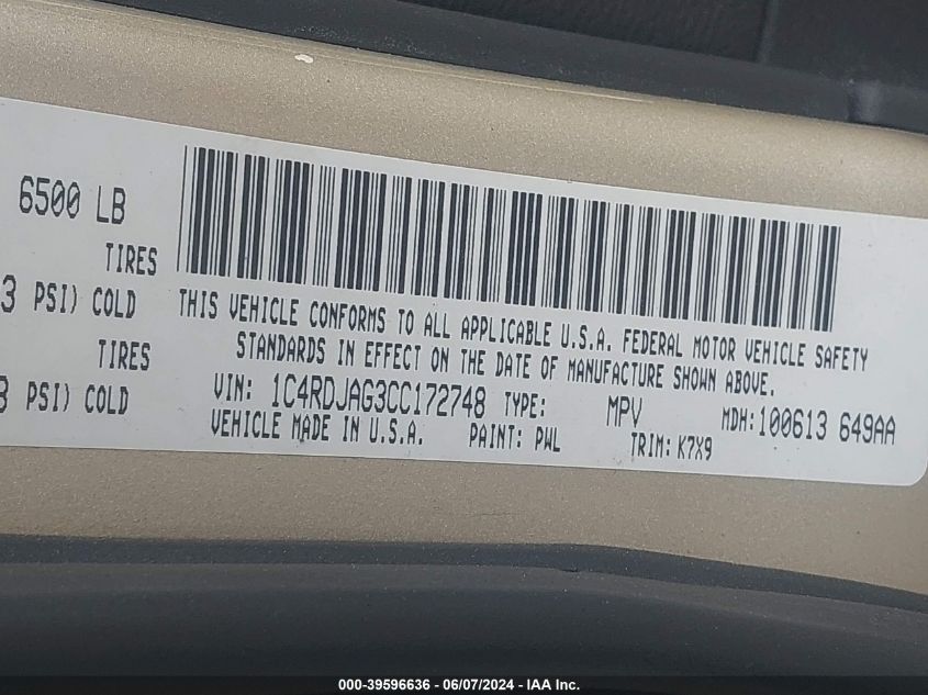 2012 Dodge Durango Sxt VIN: 1C4RDJAG3CC172748 Lot: 39596636