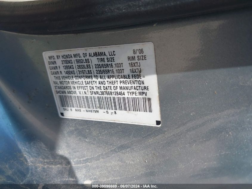 2006 Honda Odyssey Ex-L VIN: 5FNRL38766B128464 Lot: 39596669