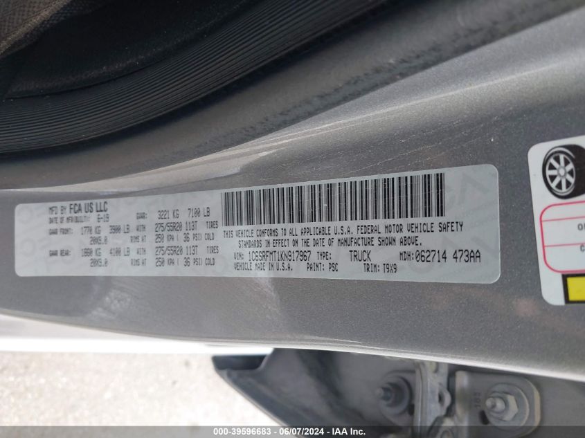 2019 Ram 1500 Big Horn/Lone Star 4X4 6'4 Box VIN: 1C6SRFMT1KN917967 Lot: 39596683