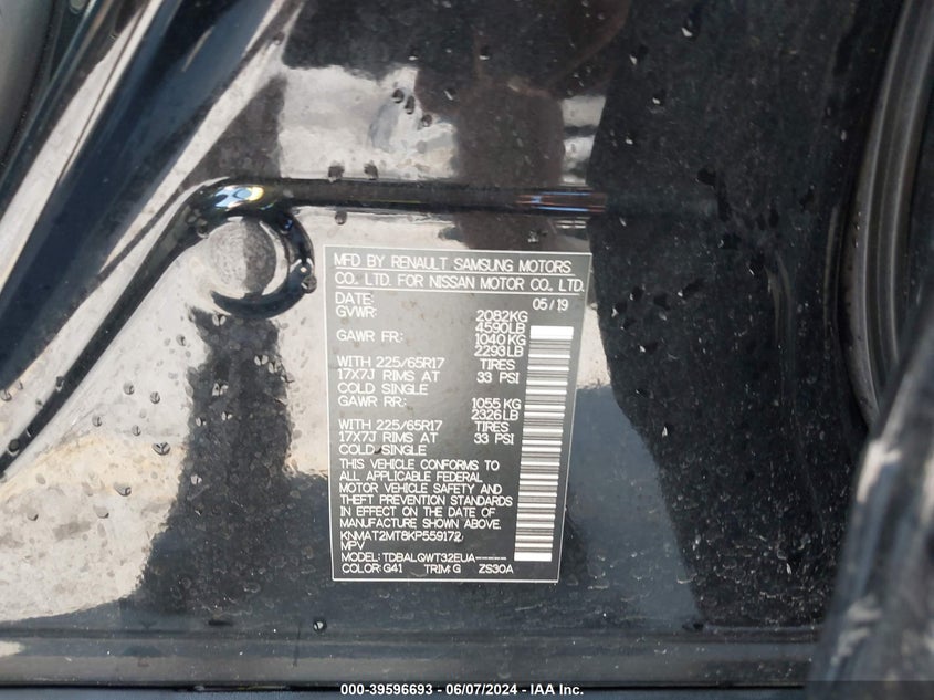 2019 Nissan Rogue Sv VIN: KNMAT2MT8KP559172 Lot: 39596693