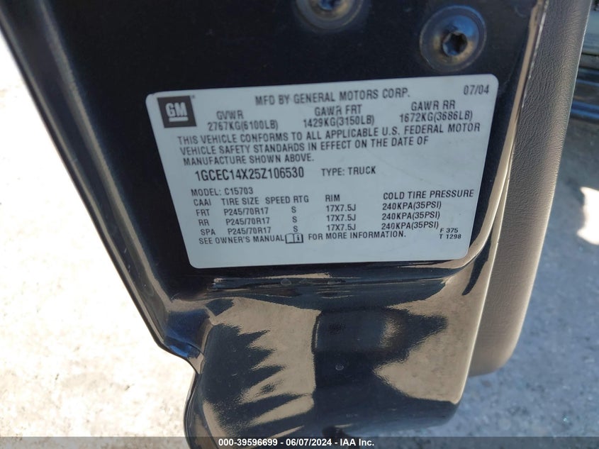 2005 Chevrolet Silverado 1500 VIN: 1GCEC14X25Z106530 Lot: 39596699