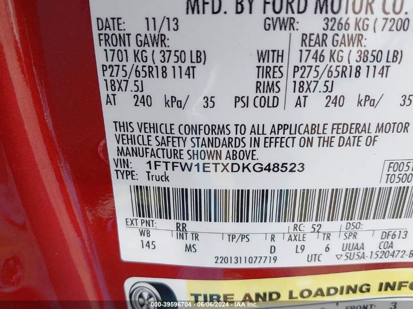 2013 Ford F-150 Xlt VIN: 1FTFW1ETXDKG48523 Lot: 39596704