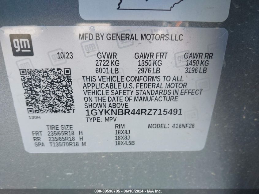 2024 Cadillac Xt5 Awd Luxury VIN: 1GYKNBR44RZ715491 Lot: 39596705