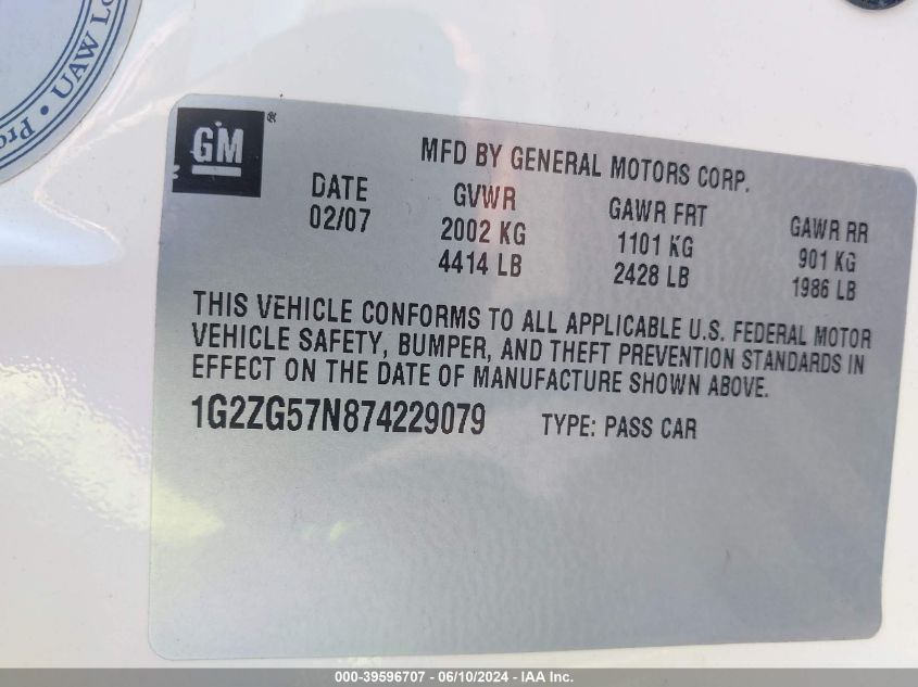 2007 Pontiac G6 Se VIN: 1G2ZG57N874229079 Lot: 39596707
