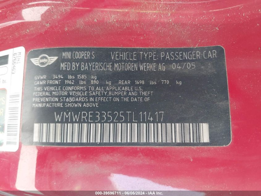 2005 Mini Cooper S VIN: WMWRE33525TL11417 Lot: 39596711