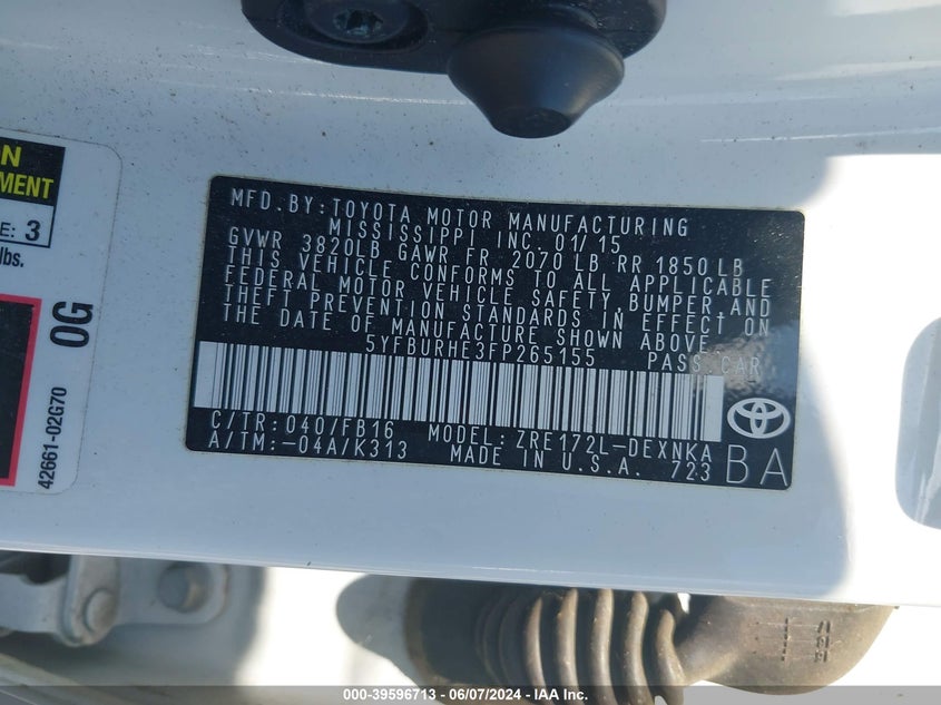 2015 Toyota Corolla Le VIN: 5YFBURHE3FP265155 Lot: 39596713