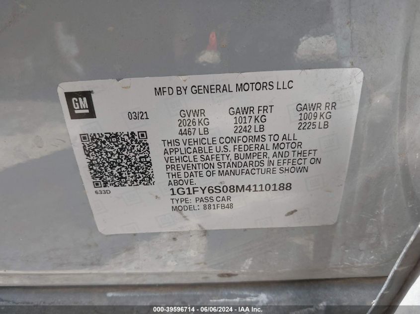 1G1FY6S08M411018 2021 Chevrolet Bolt Ev Fwd Lt